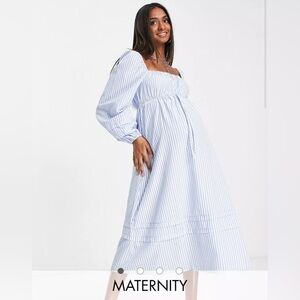 NWT ASOS Frolic Maternity drawstring maxi beach dress in blue stripe, size 4